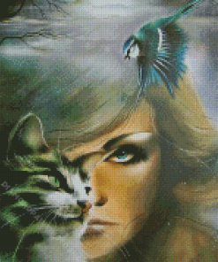 Woman And Cat And Bird Diamond Paintings