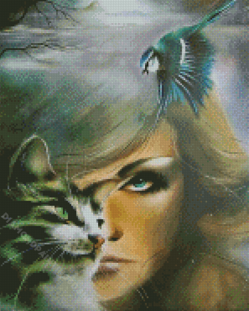 Woman And Cat And Bird Diamond Paintings