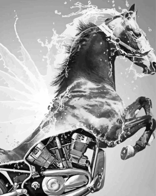 Black And White Motorcycle And Horse Diamond Painting