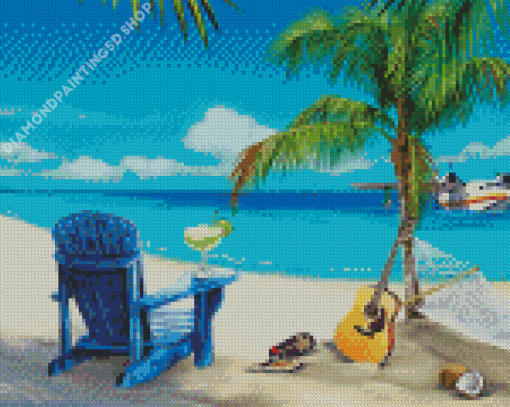 Blue Beach Chair And Guitar Diamond Painting