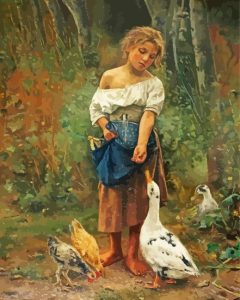 Girl Feeding Geese And Chickens Diamond Painting