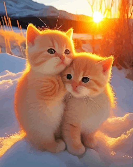 Kittens Snow Sunset Diamond Painting
