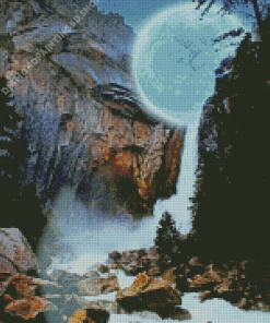 Moonlight Waterfall Rocks Diamond Painting