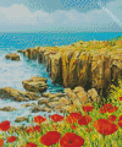 Red Flowers With Seascape Diamond Painting
