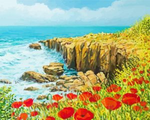 Red Flowers With Seascape Diamond Painting