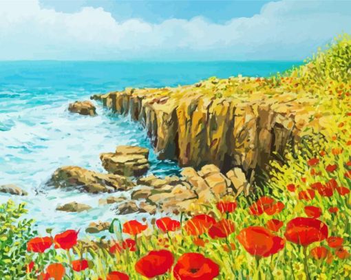 Red Flowers With Seascape Diamond Painting