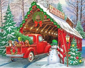 Christmas With Red Truck Diamond Painting