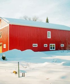 Red Barn With Snow Diamond Painting
