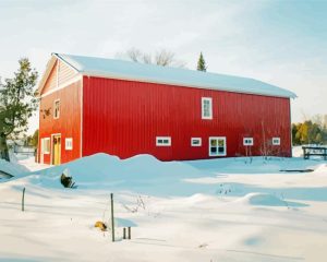 Red Barn With Snow Diamond Painting