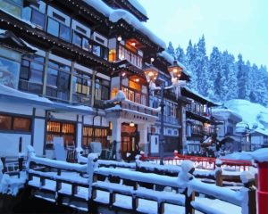 Ginzan Onsen Snowy Landscape Diamond Painting