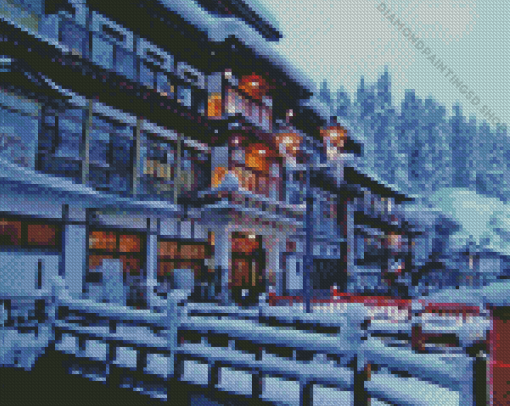 Ginzan Onsen Snowy Landscape Diamond Painting