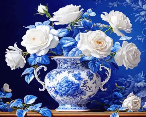 White Flowers Vase Diamond Painting