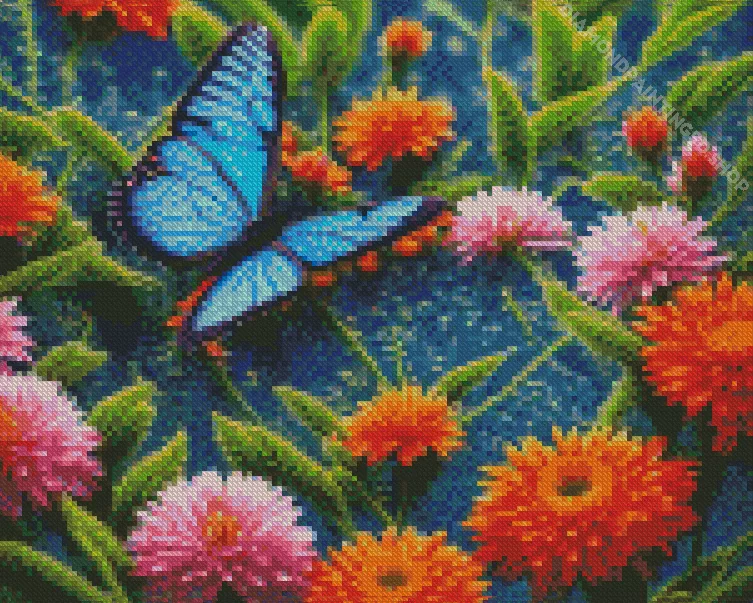 blue butterfly and flowers Diamond With Numbers Blue Butterfly Diamond Painting