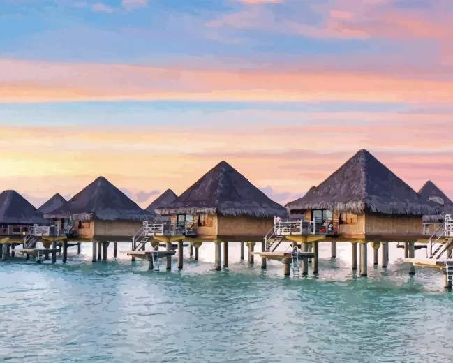 bora bora huts at sunset Diamond Paintings Bora Bora Hut Diamond Painting