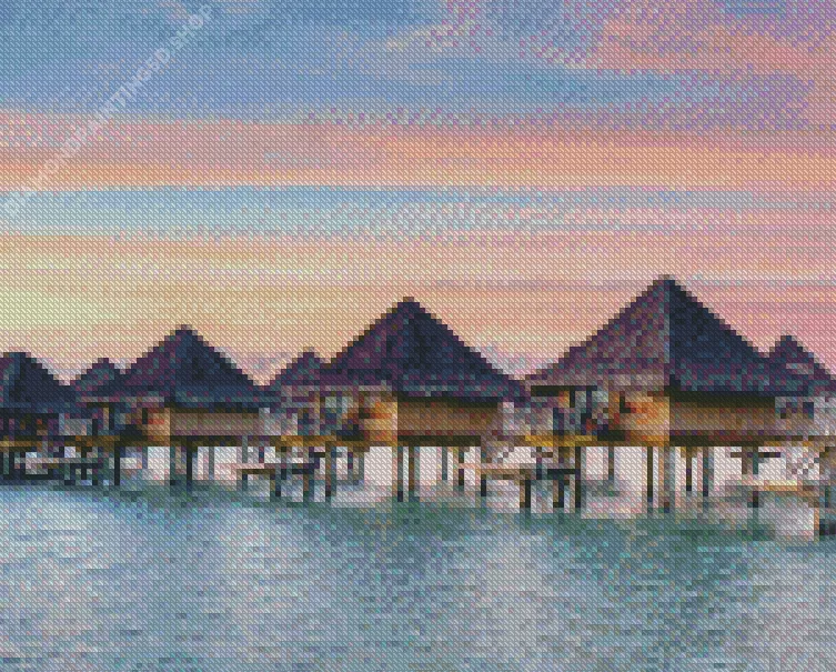bora bora huts at sunset Diamond With Numbers Bora Bora Hut Diamond Painting