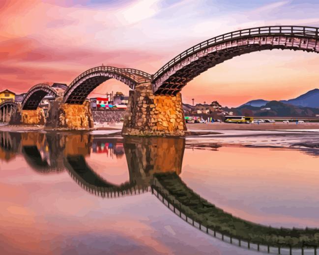 Kintai bridge susnet Diamond With Numbers Kintai Bridge Sunset Diamond Painting