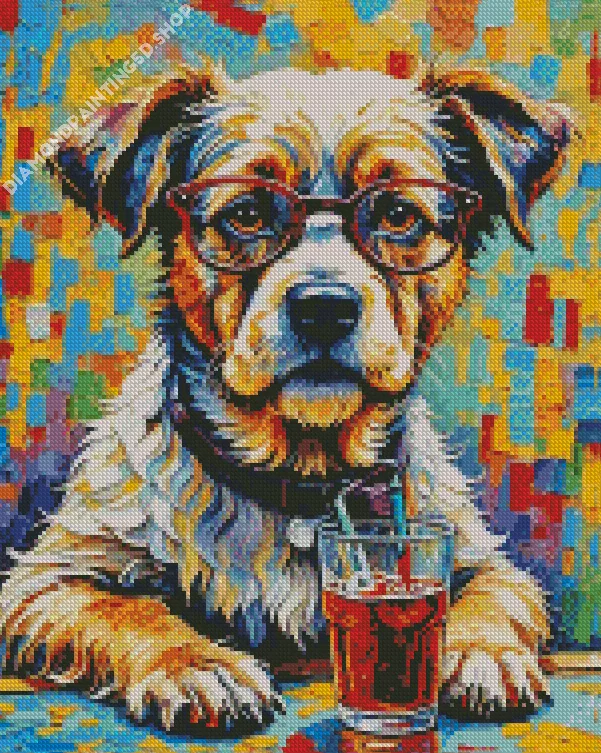 aesthetic dog with glasses art Diamond With Numbers Dog With Glasses Diamond Painting