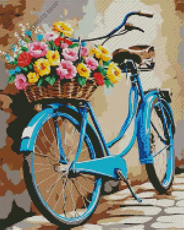 blue bike and flowers basket Diamond Paints Bike Flowers Basket Diamond Painting