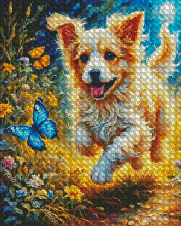 dog and butterfly art Diamond By Numbers Dog And Butterfly Diamond Painting