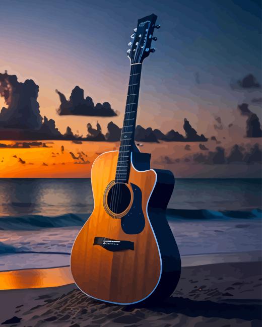 guitar seaside at sunset Diamond With Numbers Guitar Seaside Diamond Painting