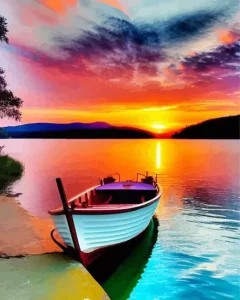 Boat At Sunset Diamond Painting